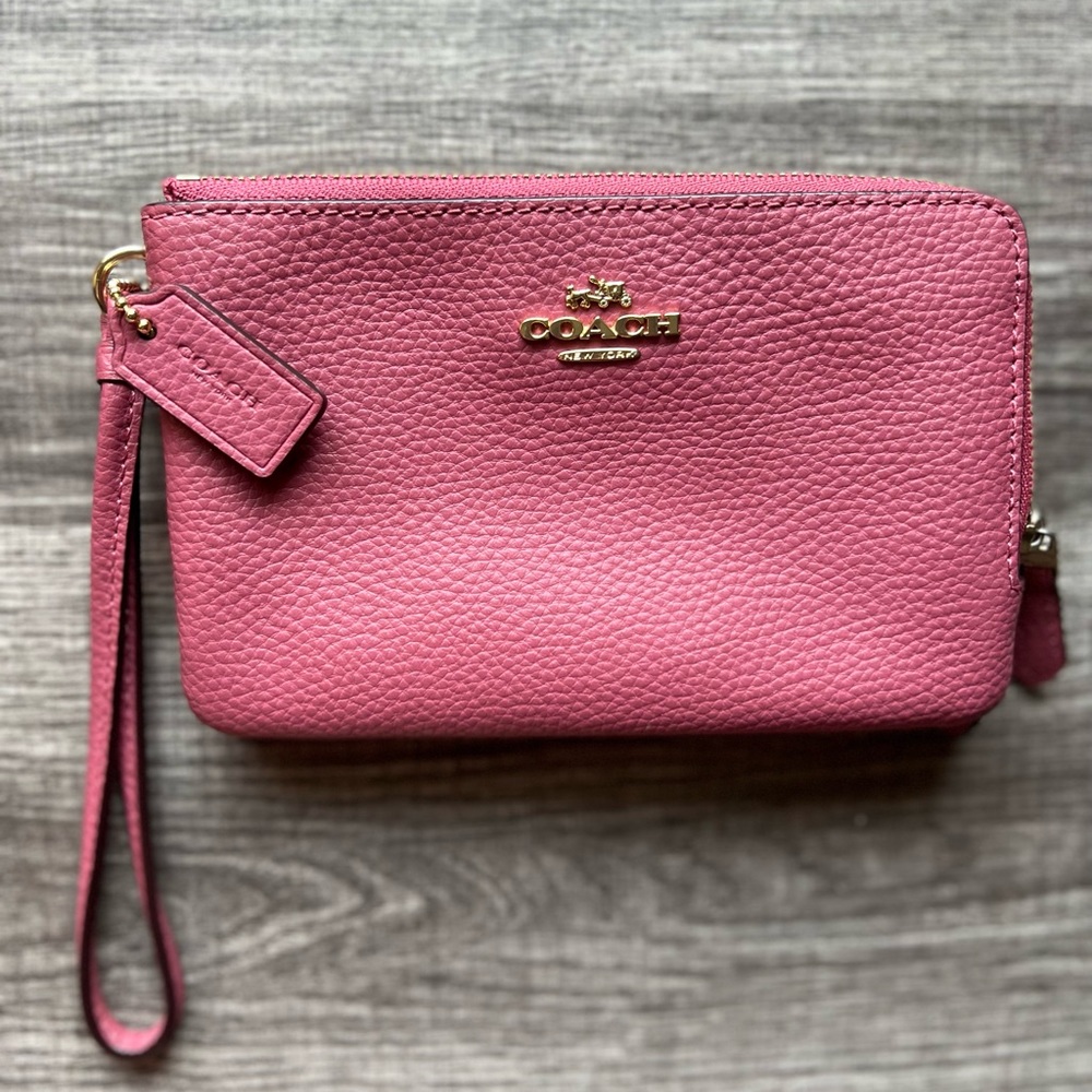 SOLD - Coach Dusty Rose Pebbled Leather Double Zip Wristlet - NWOT